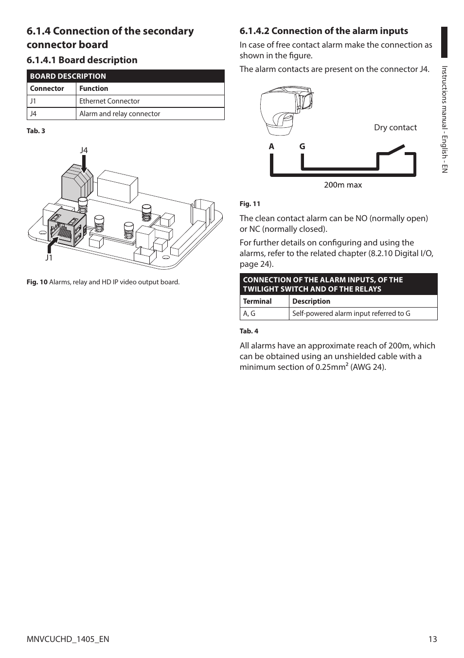 4 connection of the secondary connector board, 1 board description, 2 connection of the alarm inputs | Videotec ULISSE COMPACT HD User Manual | Page 13 / 36