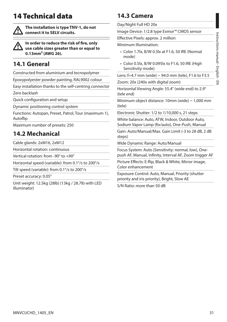 14 technical data, 1 general, 2 mechanical | 3 camera, 1 general 14.2 mechanical 14.3 camera | Videotec ULISSE COMPACT HD User Manual | Page 31 / 36