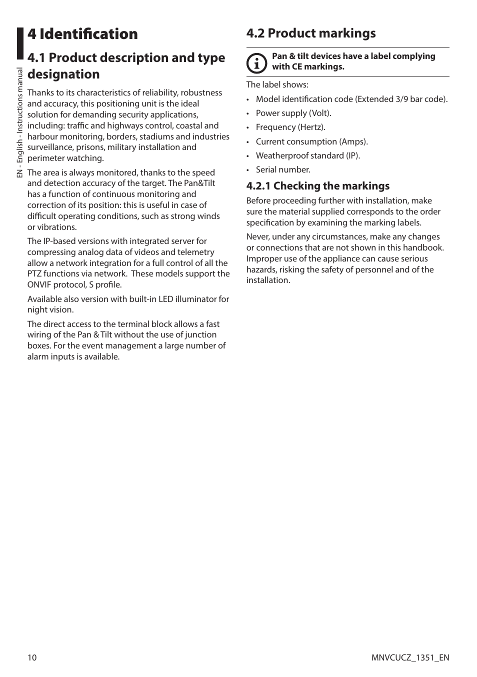 4 identification, 1 product description and type designation, 2 product markings | 1 checking the markings | Videotec ULISSE COMPACT User Manual | Page 10 / 82