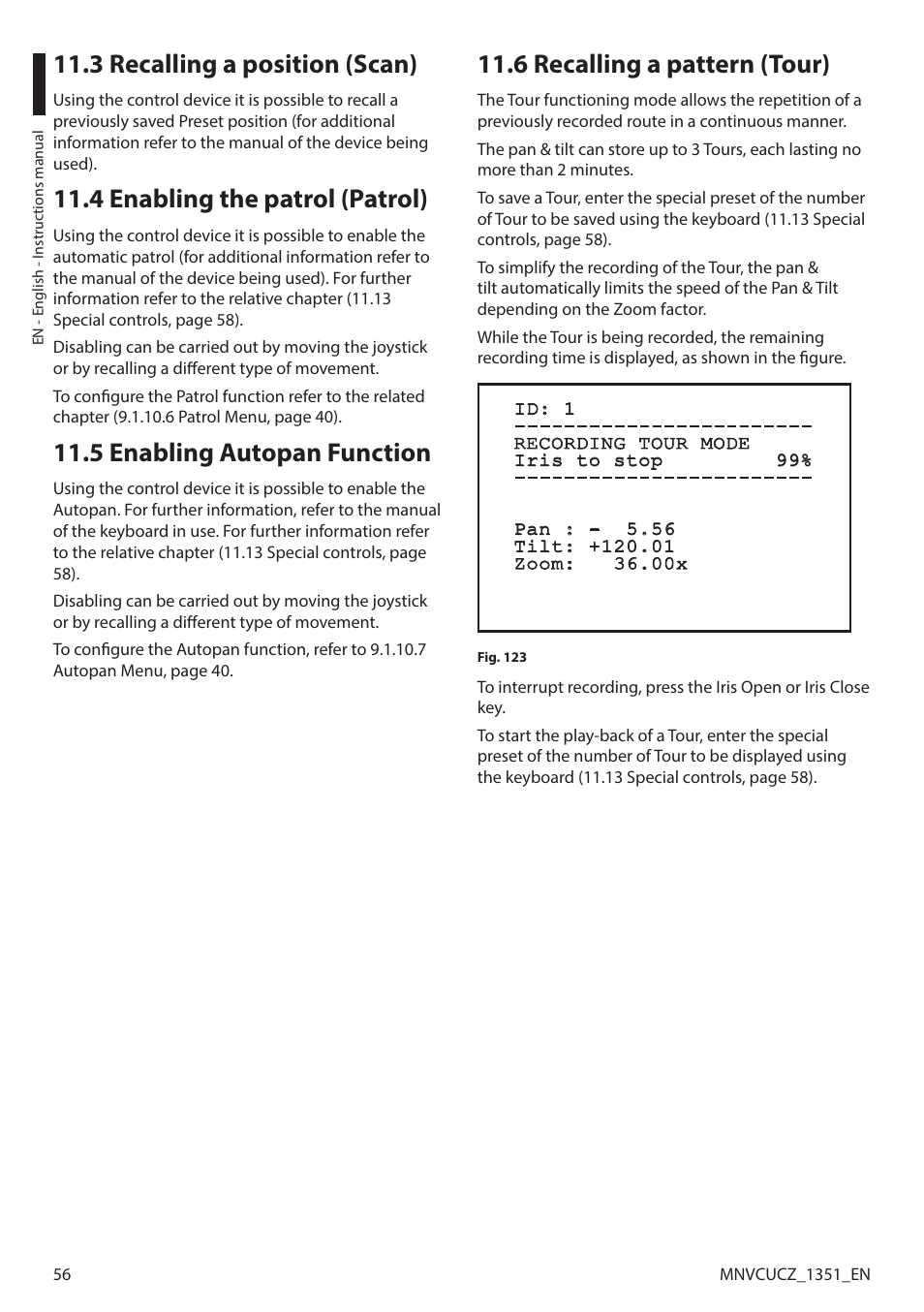 3 recalling a position (scan), 4 enabling the patrol (patrol), 5 enabling autopan function | 6 recalling a pattern (tour) | Videotec ULISSE COMPACT User Manual | Page 56 / 82