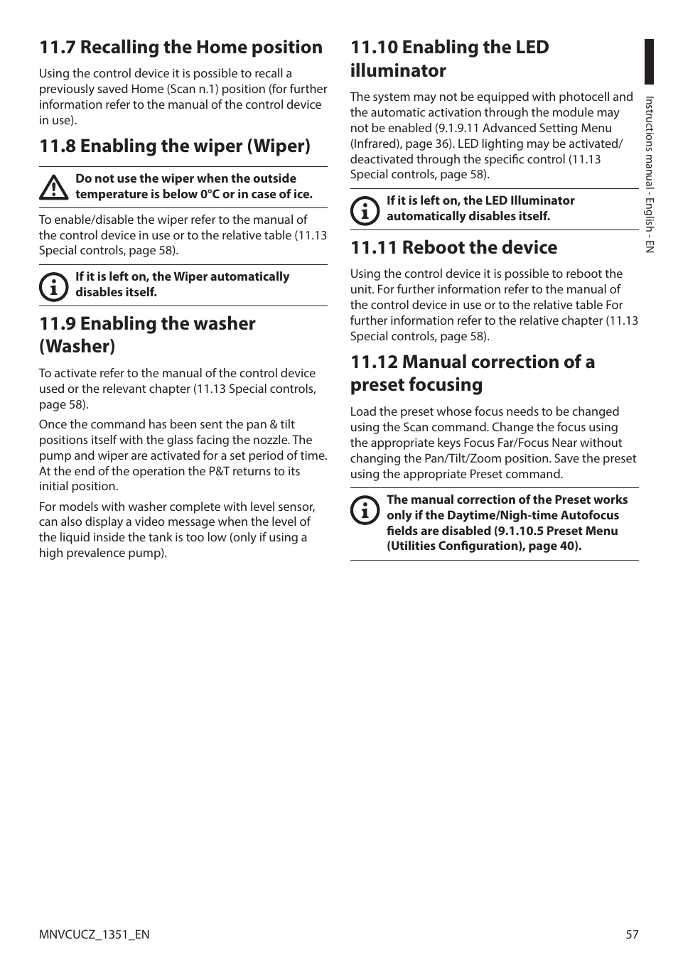 7 recalling the home position, 8 enabling the wiper (wiper), 9 enabling the washer (washer) | 10 enabling the led illuminator, 11 reboot the device, 12 manual correction of a preset focusing | Videotec ULISSE COMPACT User Manual | Page 57 / 82