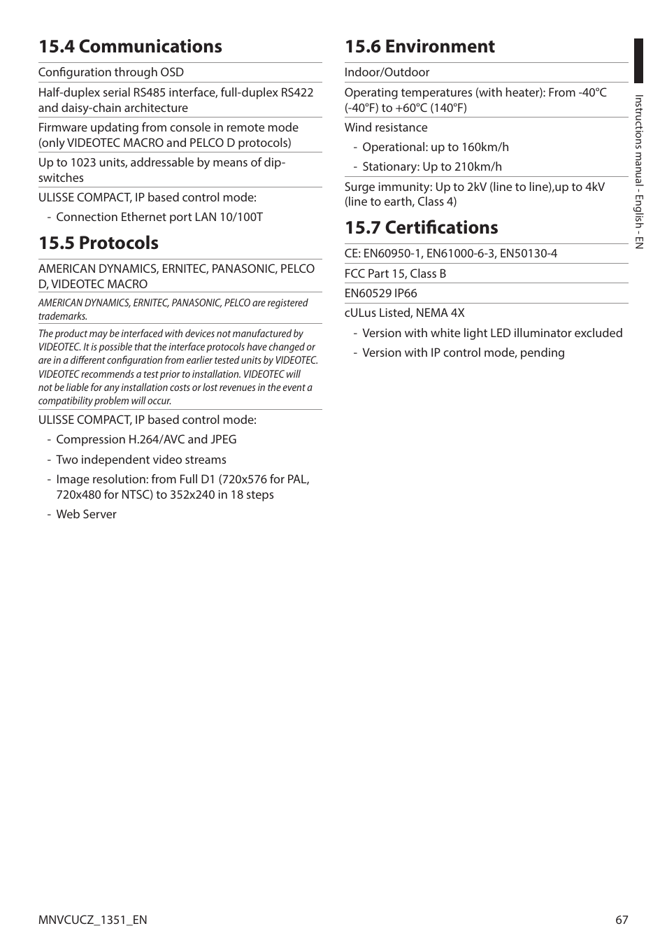 4 communications, 5 protocols, 6 environment | 7 certifications | Videotec ULISSE COMPACT User Manual | Page 67 / 82