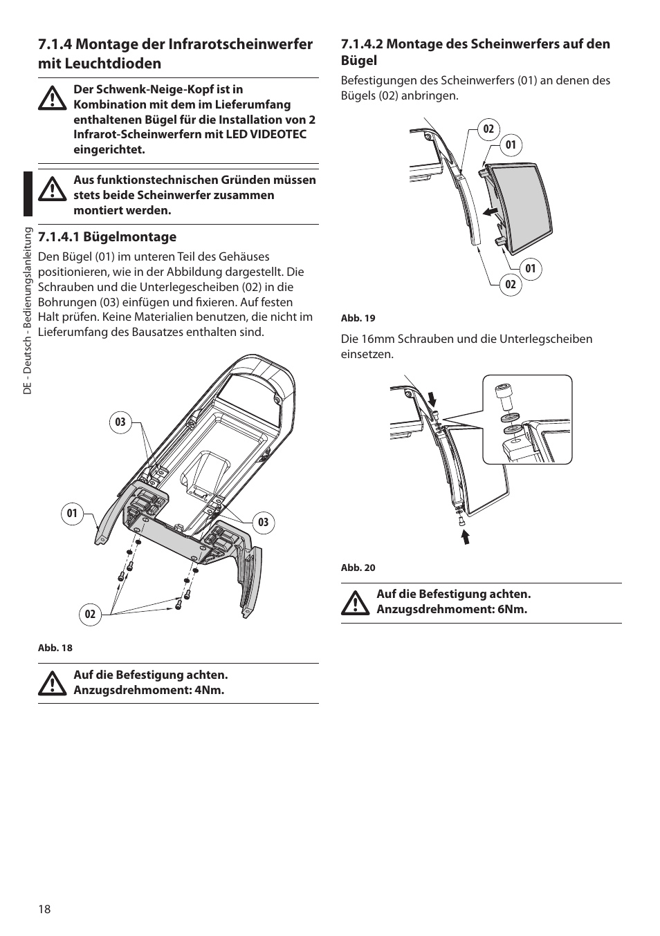 1 bügelmontage, 2 montage des scheinwerfers auf den bügel | Videotec ULISSE PLUS NETCAM User Manual | Page 164 / 196