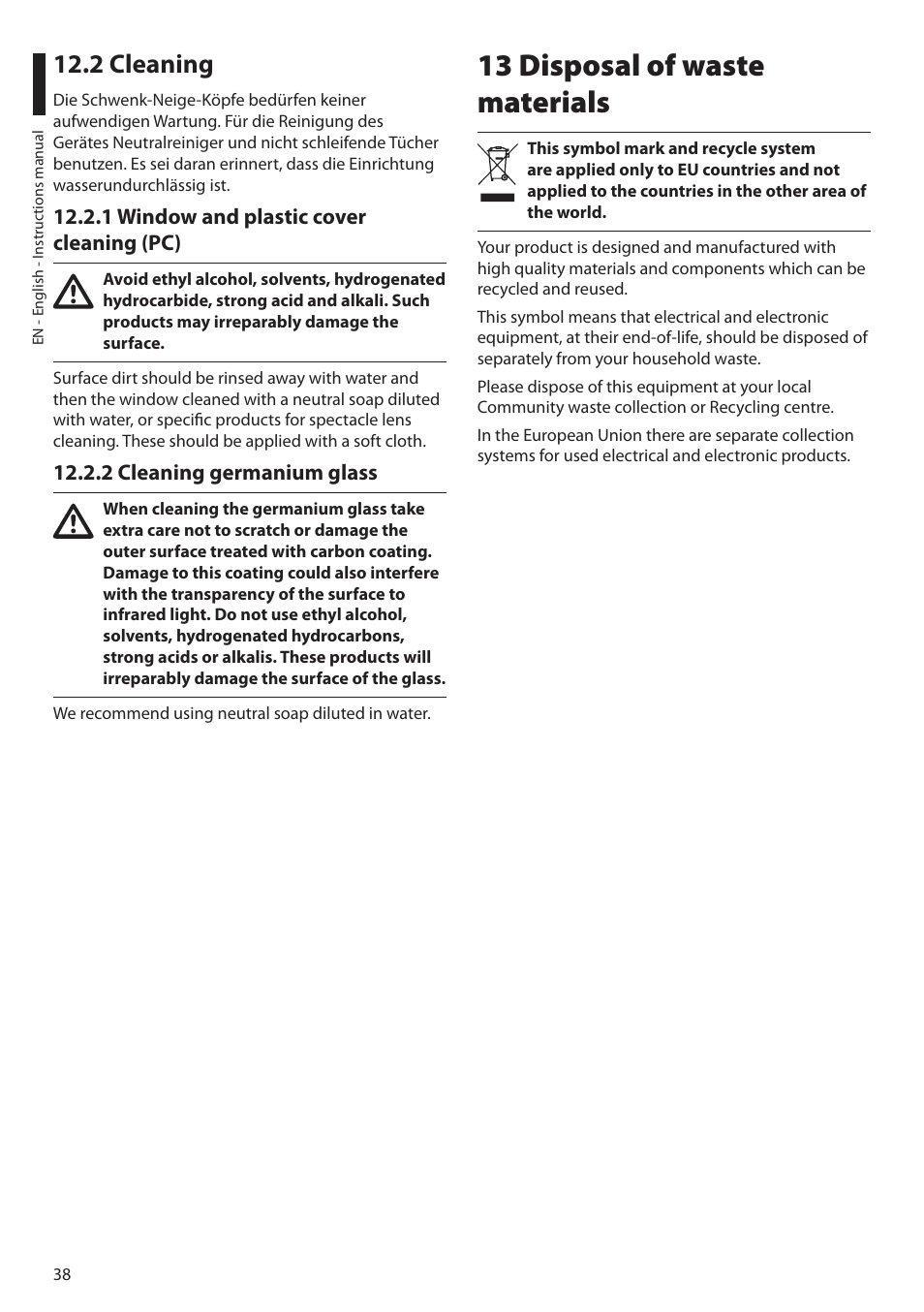 2 cleaning, 1 window and plastic cover cleaning (pc), 2 cleaning germanium glass | 13 disposal of waste materials | Videotec ULISSE MAXI NETCAM User Manual | Page 40 / 180