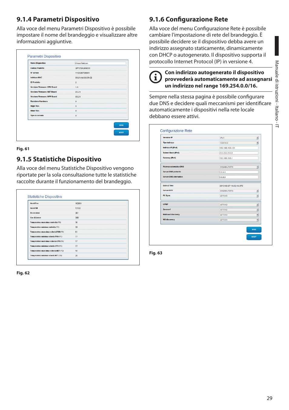 4 parametri dispositivo, 5 statistiche dispositivo, 6 configurazione rete | Videotec ULISSE MAXI NETCAM User Manual | Page 75 / 180