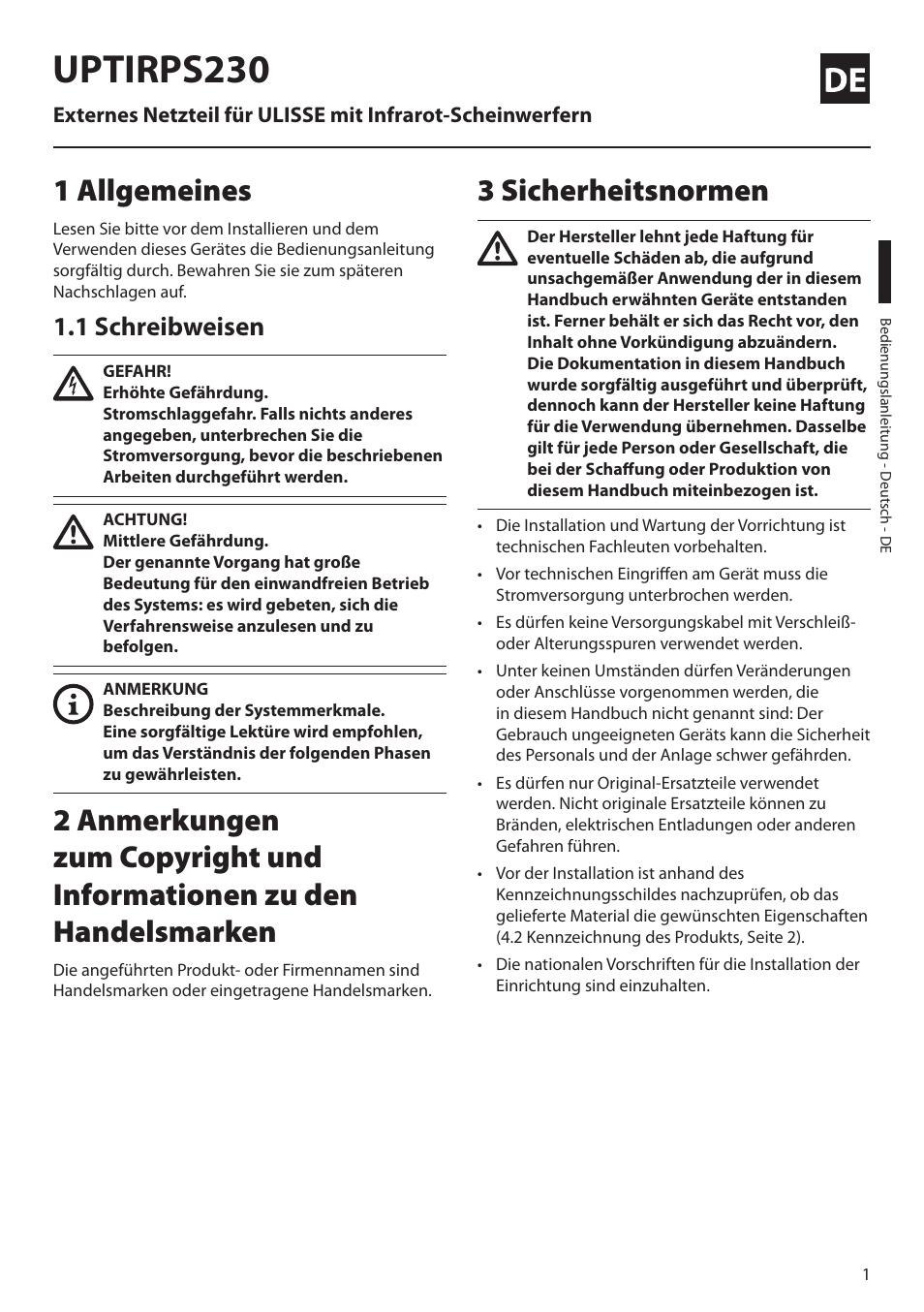 Deutsch, 1 allgemeines, 1 schreibweisen | 3 sicherheitsnormen, Uptirps230 | Videotec UPTIRPS230 User Manual | Page 21 / 28