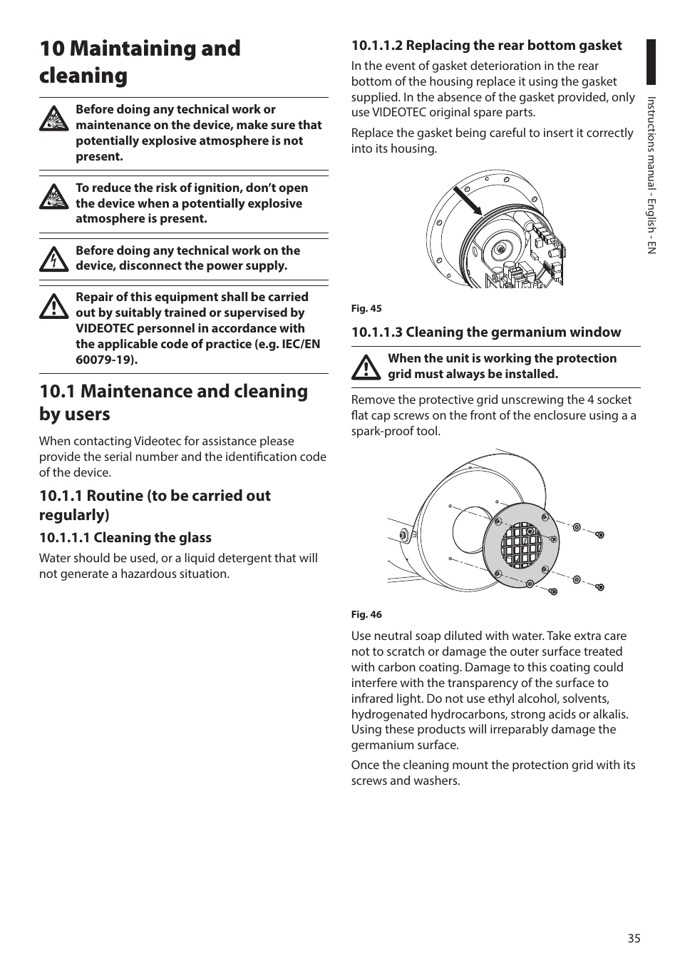 10 maintaining and cleaning, 1 maintenance and cleaning by users, 1 routine (to be carried out regularly) | 1 cleaning the glass, 2 replacing the rear bottom gasket, 3 cleaning the germanium window | Videotec MAXIMUS MHXT User Manual | Page 35 / 46