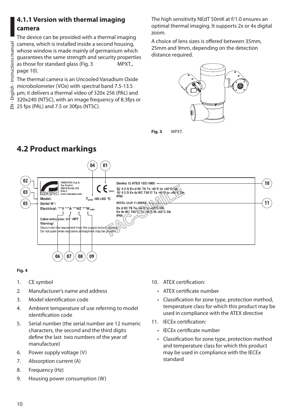 1 version with thermal imaging camera, 2 product markings | Videotec MAXIMUS MPXT User Manual | Page 12 / 454