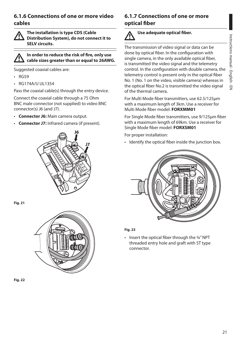 6 connections of one or more video cables, 7 connections of one or more optical fiber, Instruc tions manual - english - en | Videotec MAXIMUS MPXT User Manual | Page 23 / 454