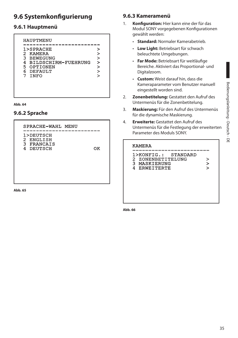 6 systemkonfigurierung, 1 hauptmenü, 2 sprache | 3 kameramenü, 1 hauptmenü 9.6.2 sprache 9.6.3 kameramenü | Videotec MAXIMUS MPXT User Manual | Page 307 / 454