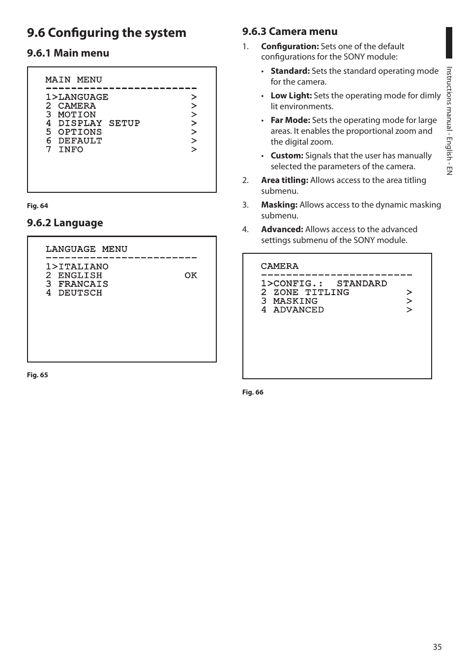 6 configuring the system, 1 main menu, 2 language | 3 camera menu, 1 main menu 9.6.2 language 9.6.3 camera menu | Videotec MAXIMUS MPXT User Manual | Page 37 / 454
