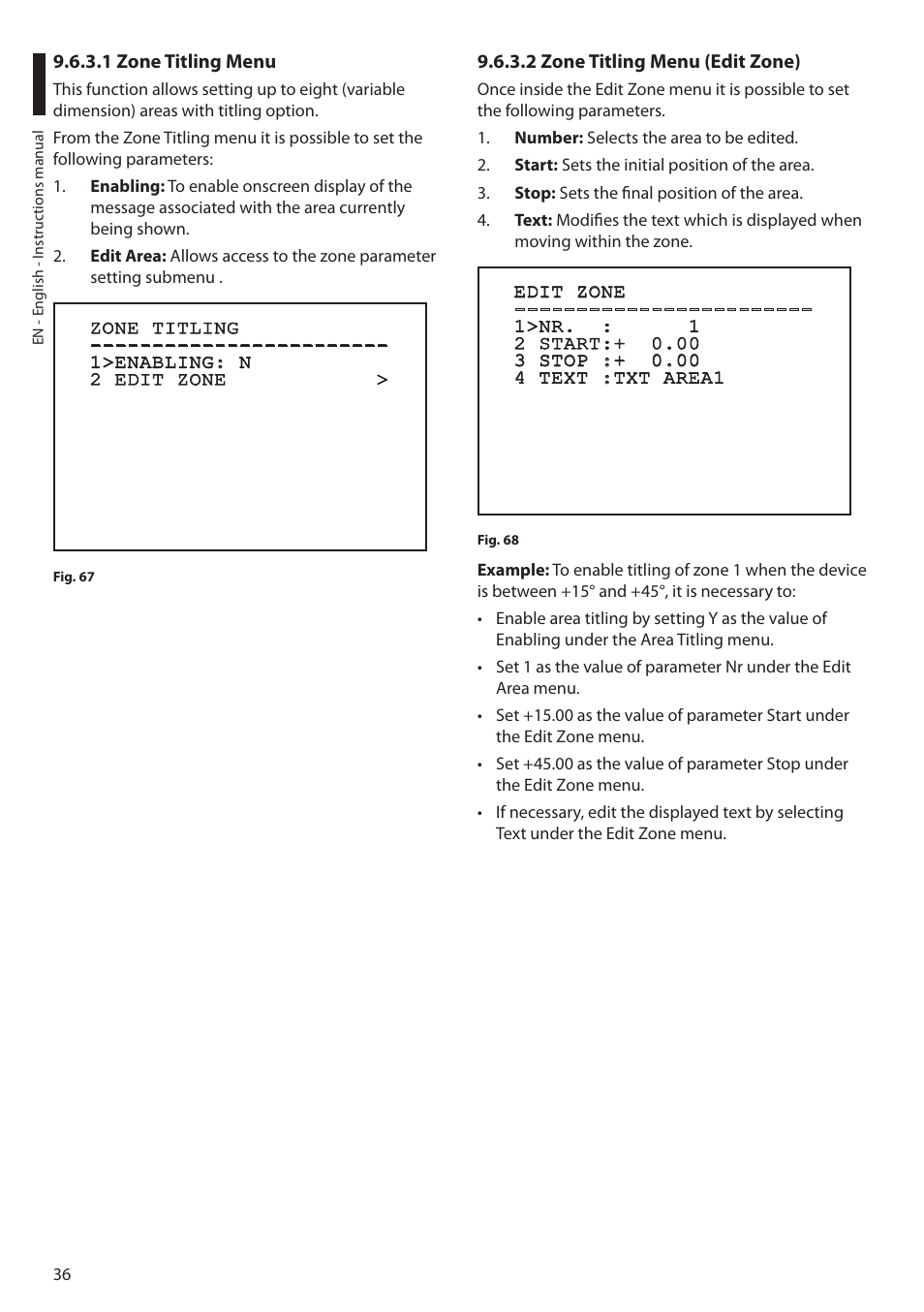 1 zone titling menu, 2 zone titling menu (edit zone) | Videotec MAXIMUS MPXT User Manual | Page 38 / 454