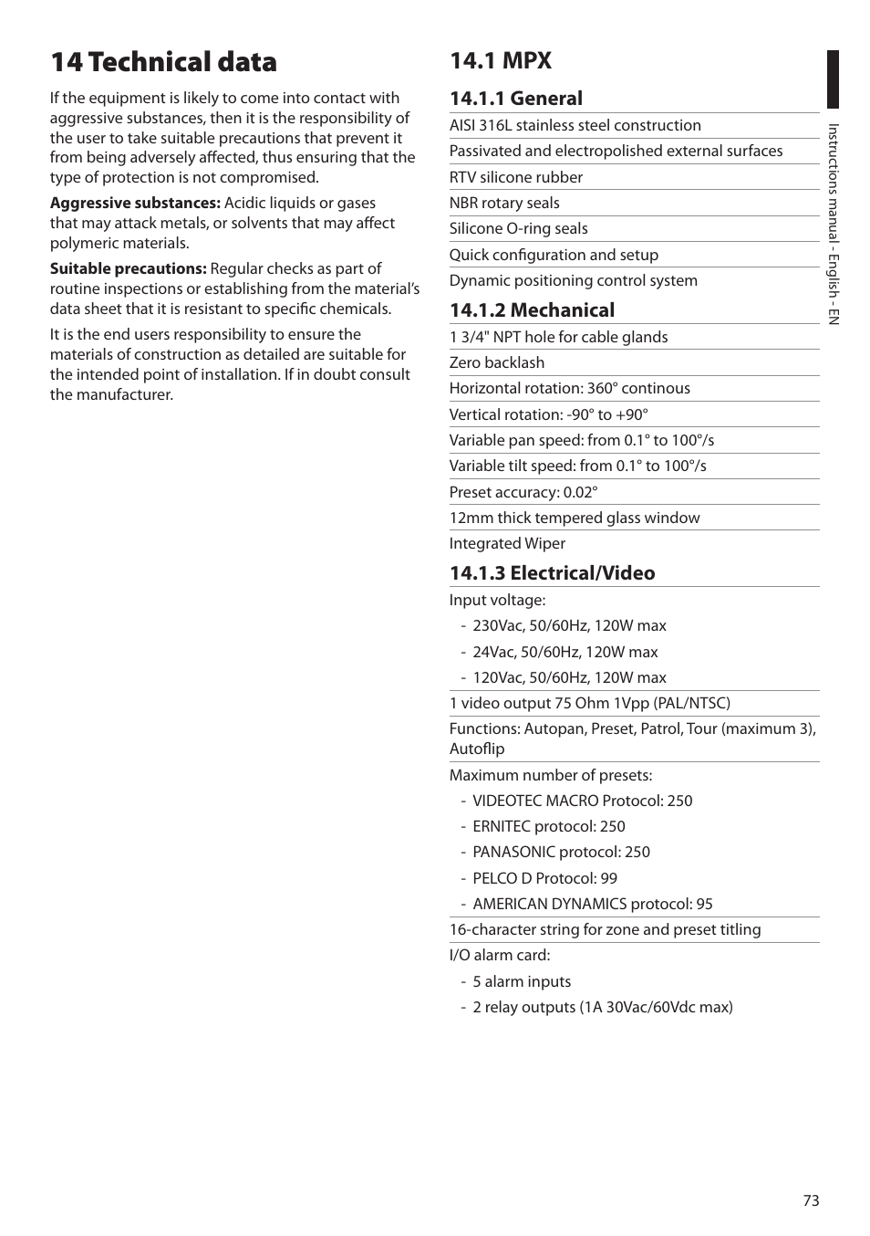 14 technical data, 1 mpx, 1 general | 2 mechanical, 3 electrical/video, 1 general 14.1.2 mechanical | Videotec MAXIMUS MPXT User Manual | Page 75 / 454
