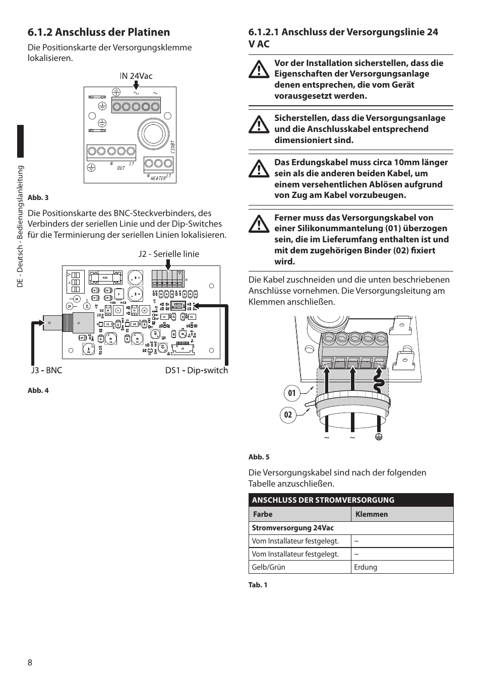 2 anschluss der platinen, 1 anschluss der versorgungslinie 24 v ac | Videotec NTC User Manual | Page 58 / 68