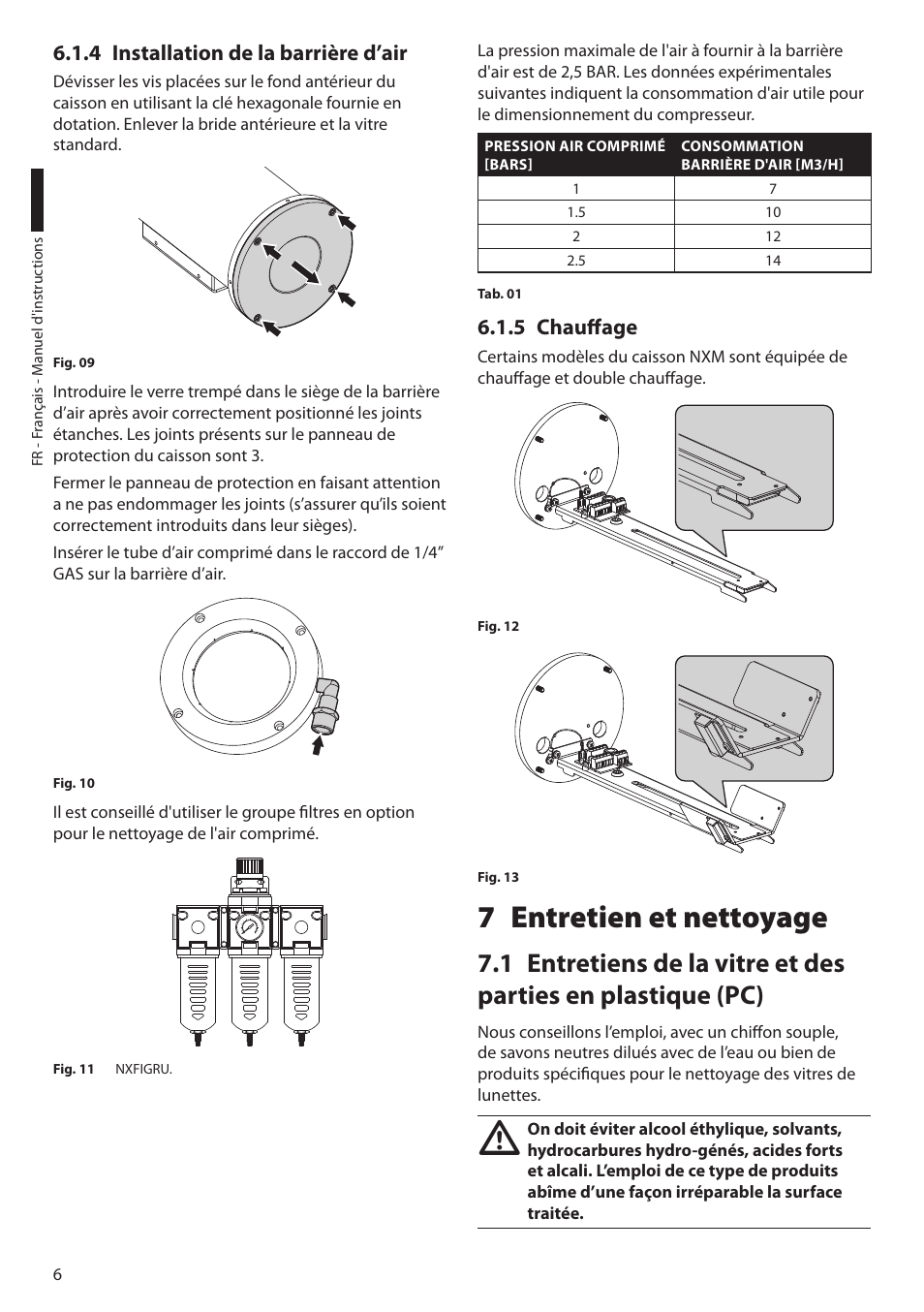 4 installation de la barrière d’air, 5 chauffage, 7 entretien et nettoyage | Videotec NXM User Manual | Page 24 / 36