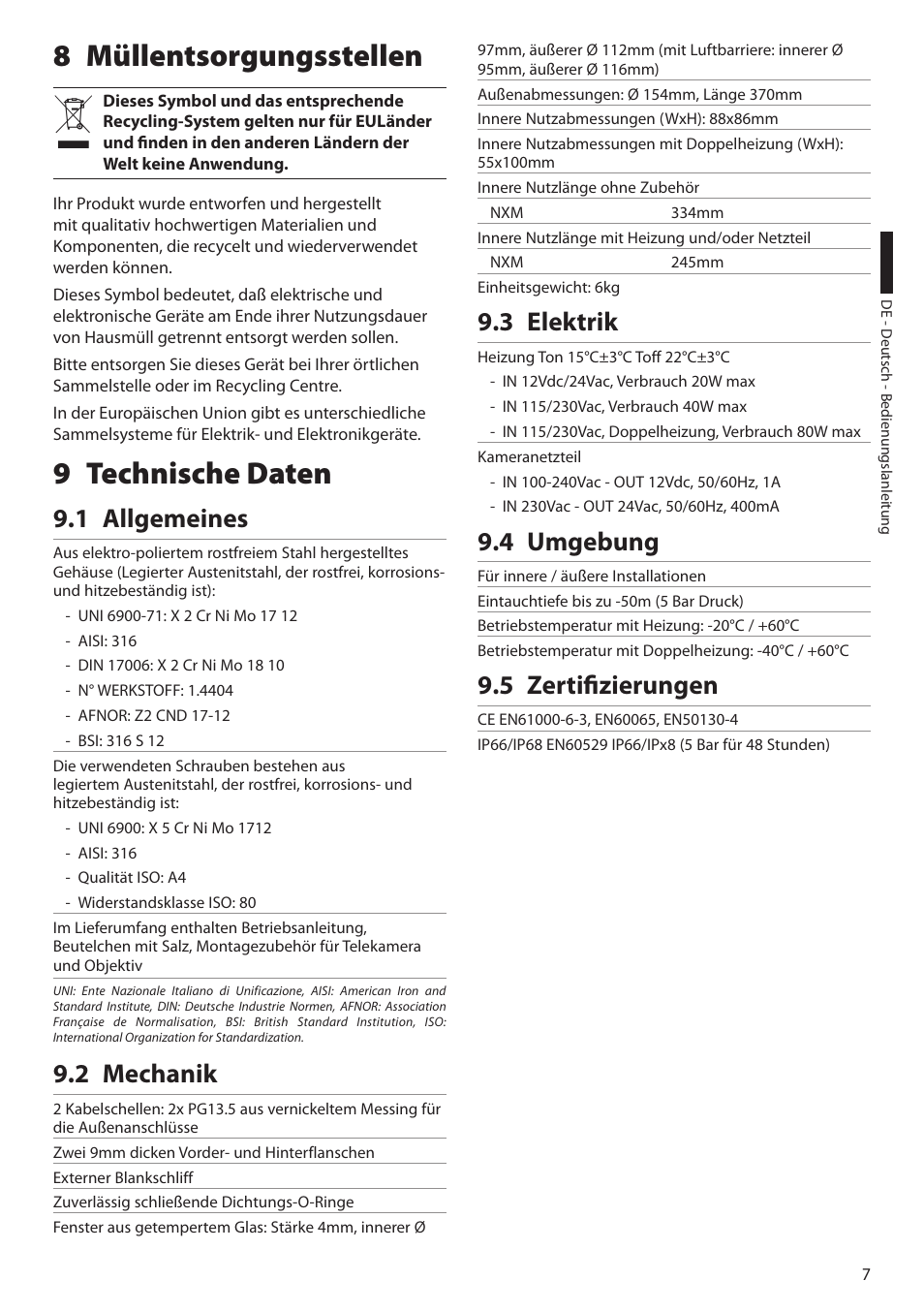8 müllentsorgungsstellen, 9 technische daten, 1 allgemeines | 2 mechanik, 3 elektrik, 4 umgebung, 5 zertifizierungen, 8 müllentsorgungsstellen 9 technische daten | Videotec NXM User Manual | Page 33 / 36