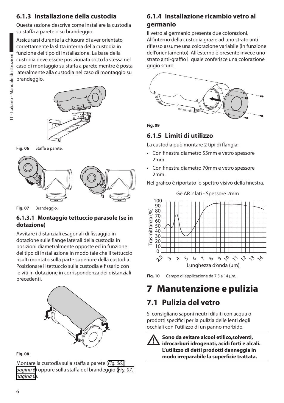 3 installazione della custodia, 1 montaggio tettuccio parasole (se in dotazione), 4 installazione ricambio vetro al germanio | 5 limiti di utilizzo, 7 manutenzione e pulizia, 1 pulizia del vetro | Videotec NTM User Manual | Page 16 / 36