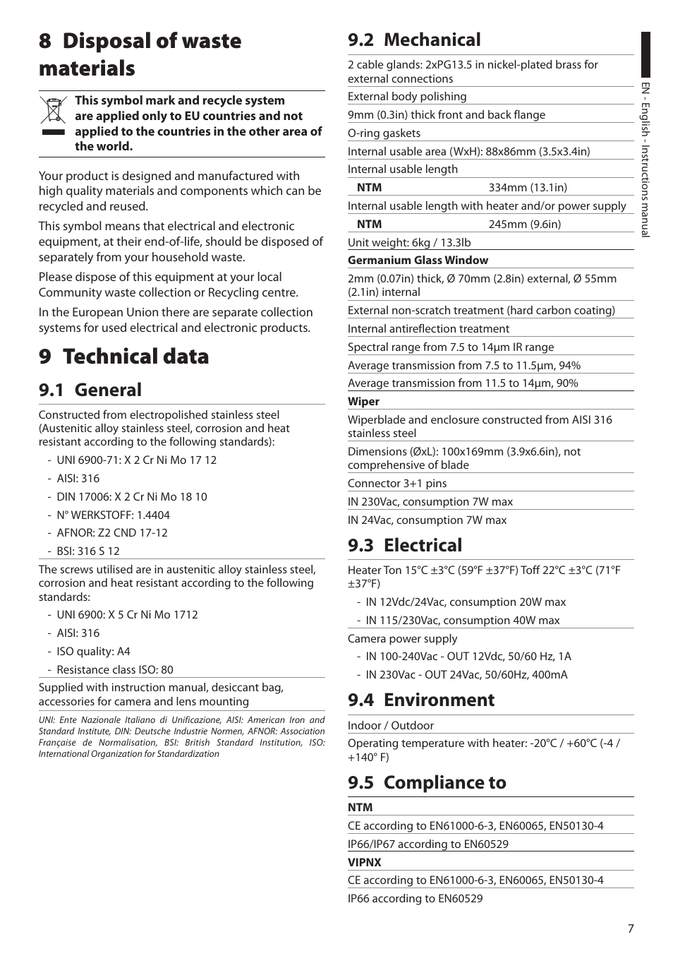 8 disposal of waste materials, 9 technical data, 1 general | 2 mechanical, 3 electrical, 4 environment, 5 compliance to, 8 disposal of waste materials 9 technical data | Videotec NTM User Manual | Page 9 / 36