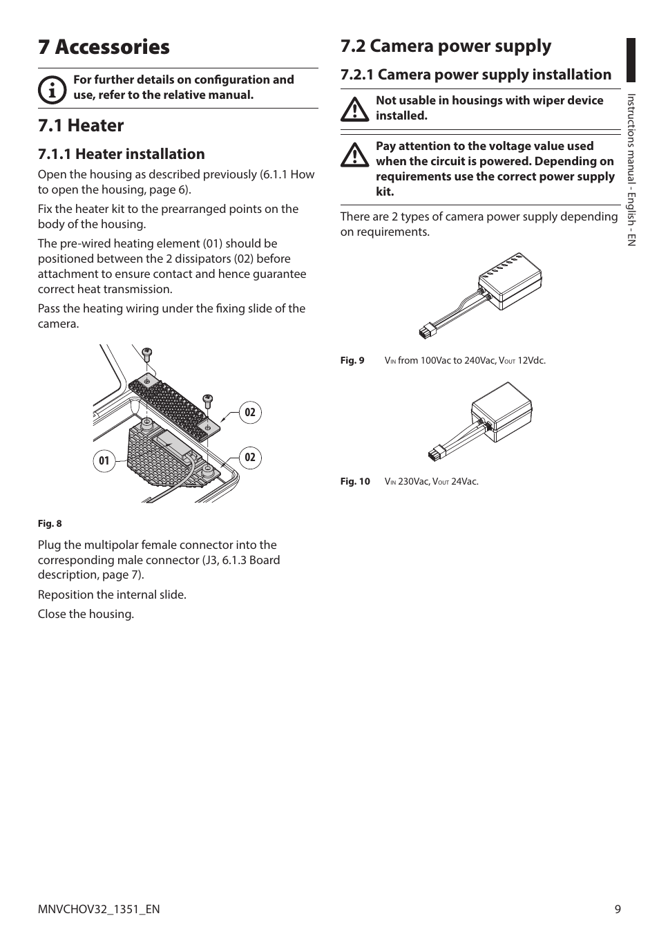 7 accessories, 1 heater, 1 heater installation | 2 camera power supply, 1 camera power supply installation | Videotec HOV User Manual | Page 11 / 60