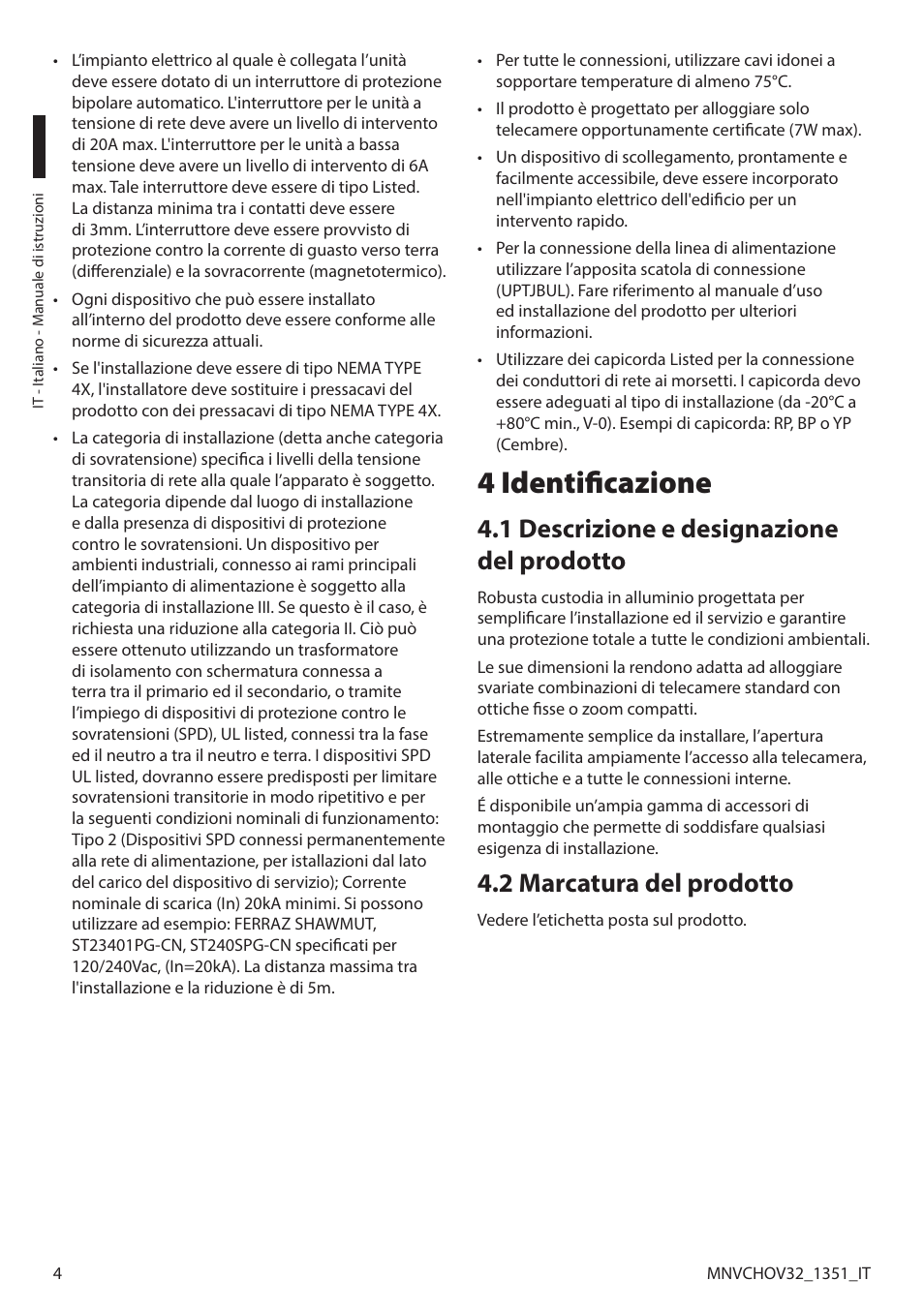4 identificazione, 1 descrizione e designazione del prodotto, 2 marcatura del prodotto | Videotec HOV User Manual | Page 20 / 60