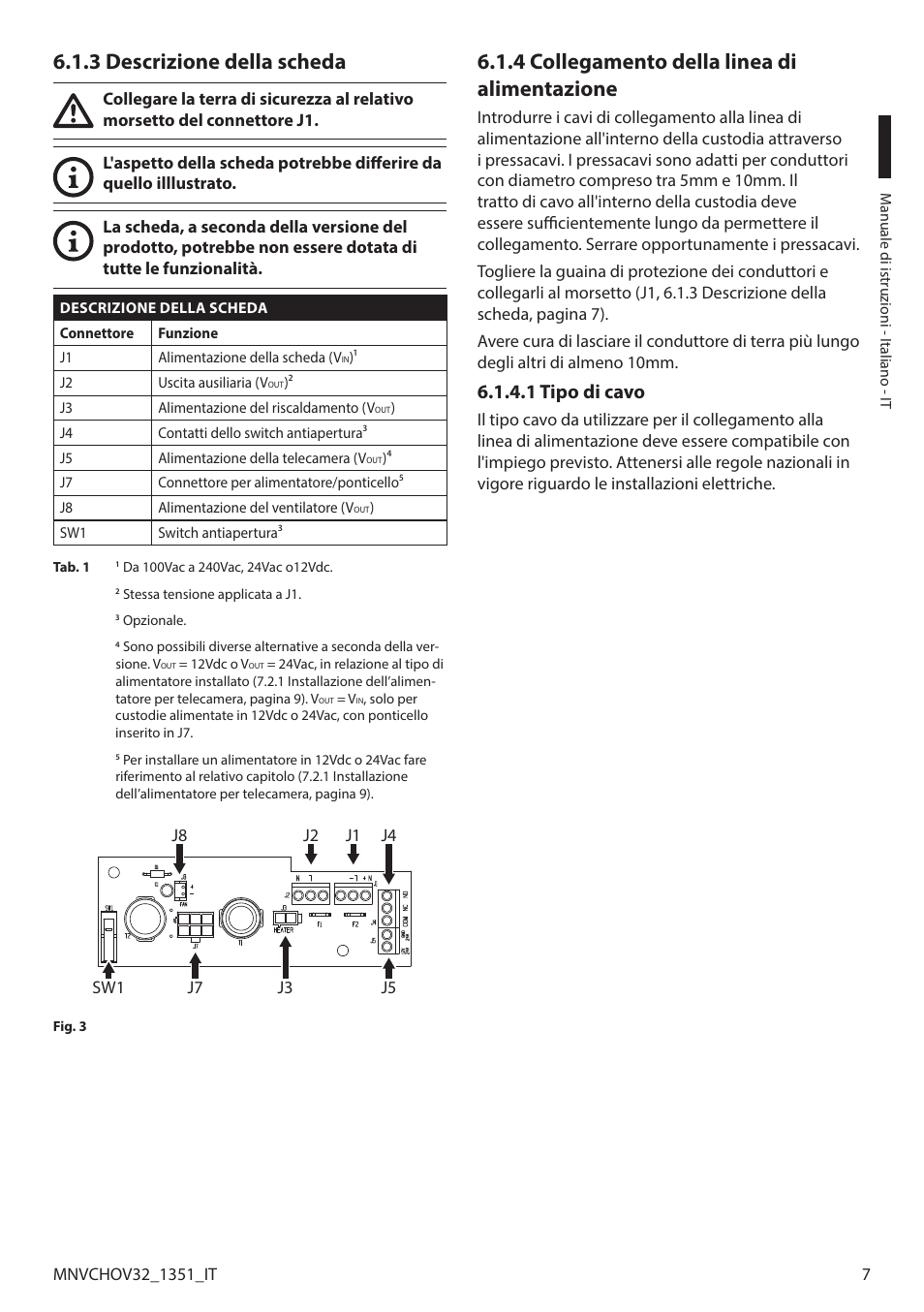 3 descrizione della scheda, 4 collegamento della linea di alimentazione, 1 tipo di cavo | Videotec HOV User Manual | Page 23 / 60