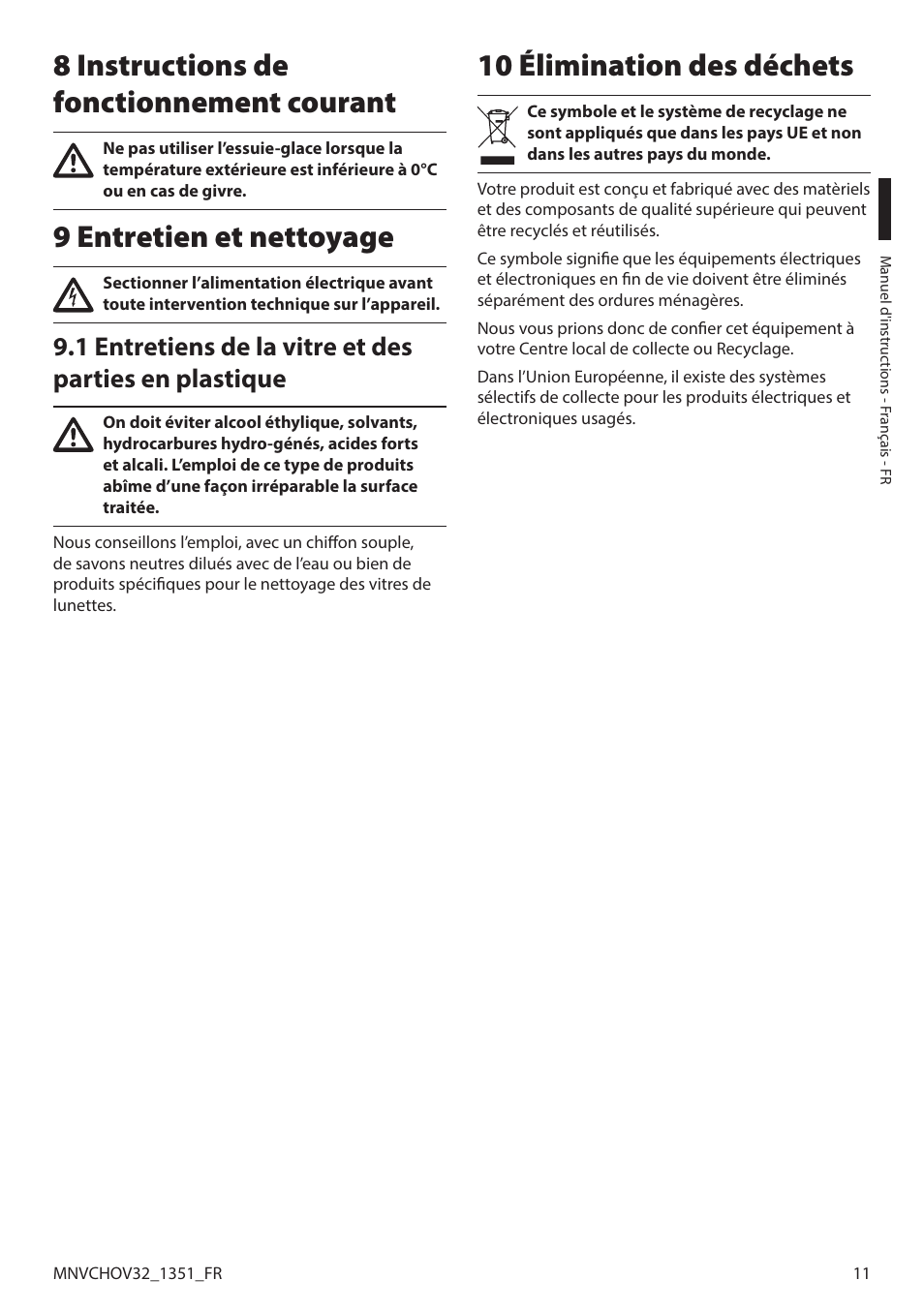 8 instructions de fonctionnement courant, 9 entretien et nettoyage, 10 élimination des déchets | Videotec HOV User Manual | Page 41 / 60