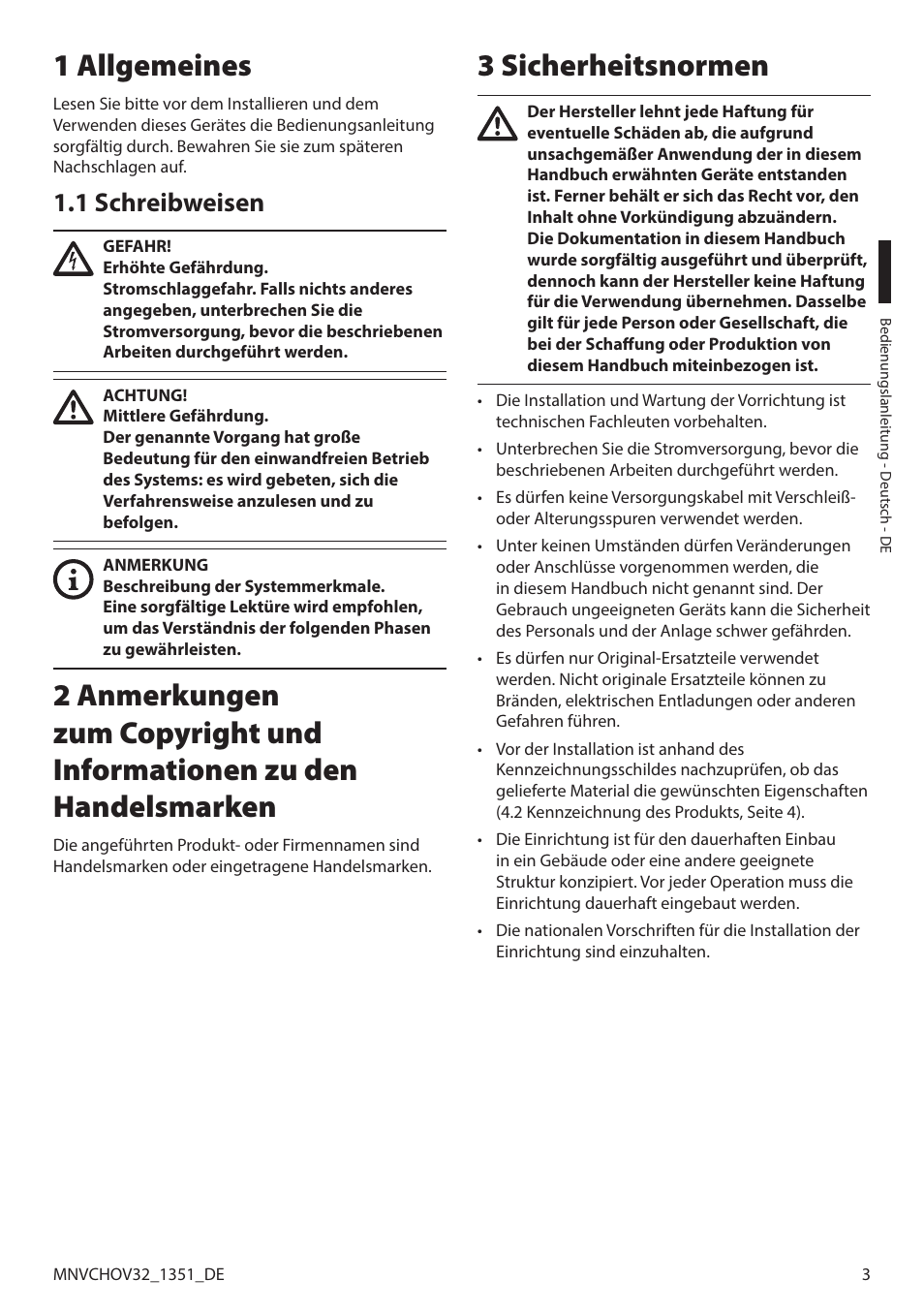 1 allgemeines, 1 schreibweisen, 3 sicherheitsnormen | Videotec HOV User Manual | Page 47 / 60