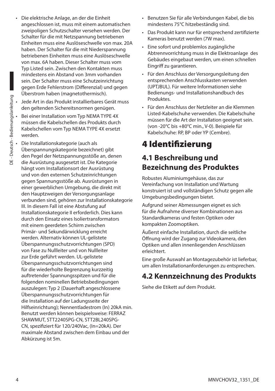 4 identifizierung, 1 beschreibung und bezeichnung des produktes, 2 kennzeichnung des produkts | Videotec HOV User Manual | Page 48 / 60