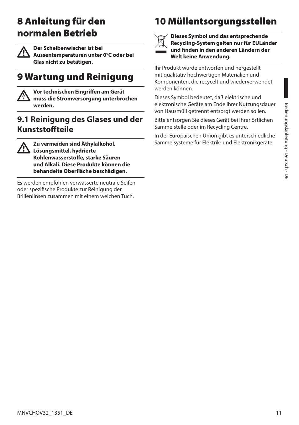 8 anleitung für den normalen betrieb, 9 wartung und reinigung, 1 reinigung des glases und der kunststoffteile | 10 müllentsorgungsstellen | Videotec HOV User Manual | Page 55 / 60