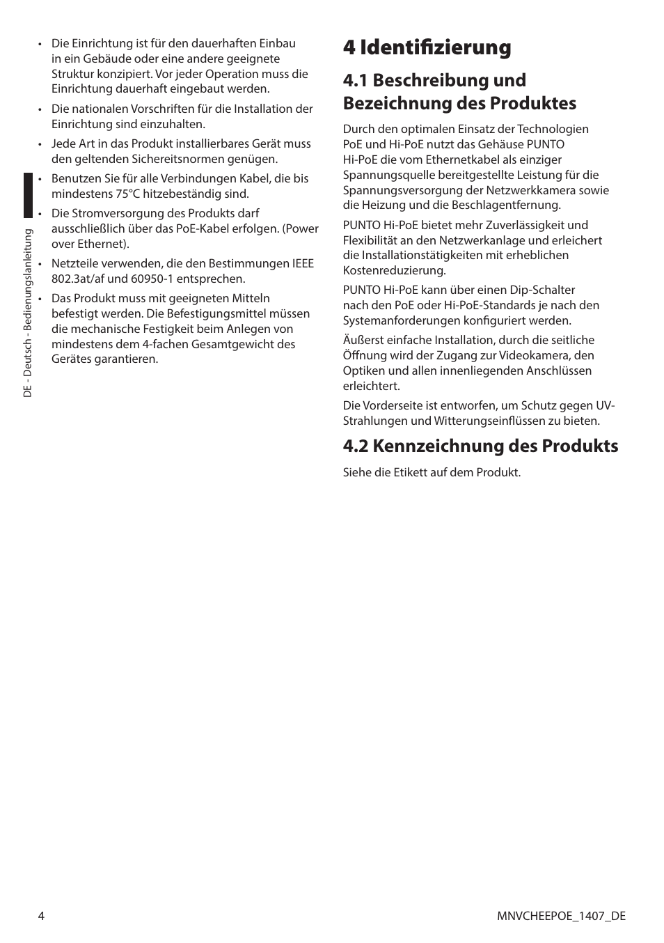 4 identifizierung, 1 beschreibung und bezeichnung des produktes, 2 kennzeichnung des produkts | Videotec PUNTO HI-PoE User Manual | Page 36 / 44