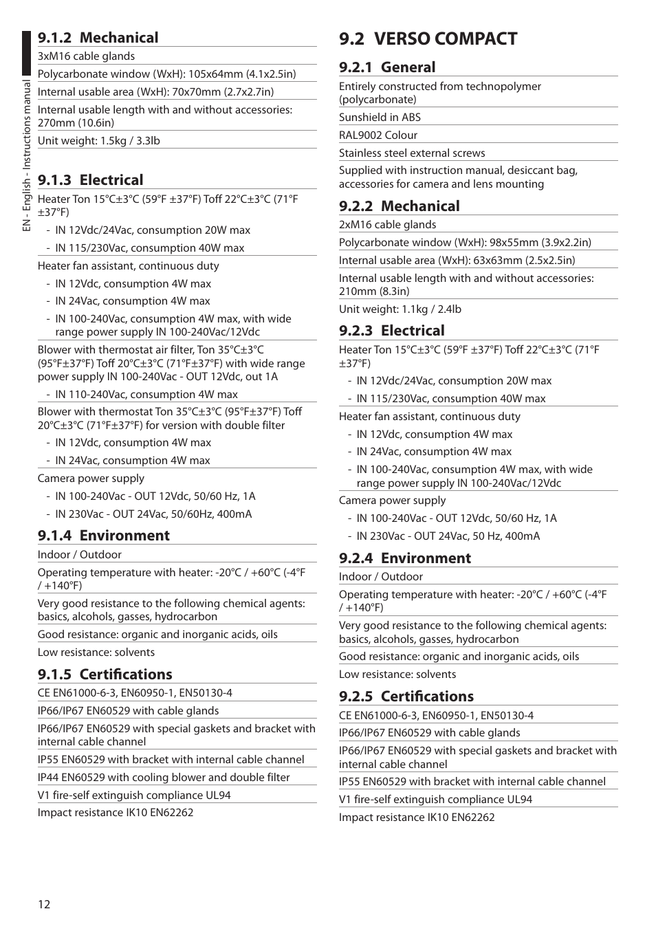 2 mechanical, 3 electrical, 4 environment | 5 certifications, 2 verso compact, 1 general | Videotec VERSO POLAR User Manual | Page 14 / 60