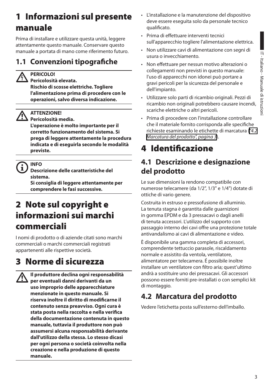1 informazioni sul presente manuale, 1 convenzioni tipografiche, 3 norme di sicurezza | 4 identificazione, 1 descrizione e designazione del prodotto, 2 marcatura del prodotto | Videotec HEB User Manual | Page 13 / 36