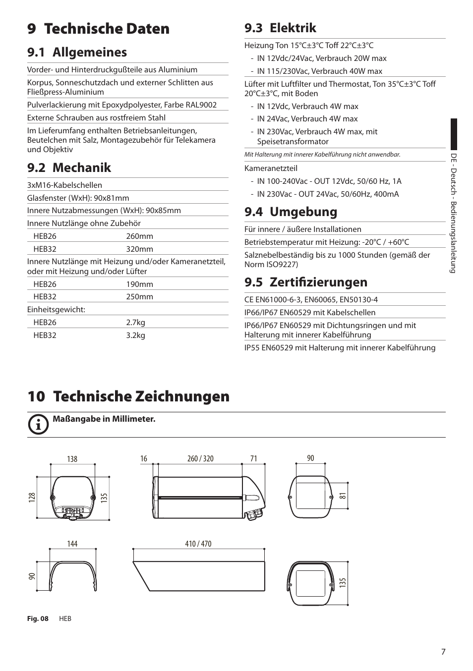 9 technische daten, 10 technische zeichnungen, 3 elektrik | 4 umgebung, 5 zertifizierungen, 1 allgemeines, 2 mechanik | Videotec HEB User Manual | Page 33 / 36