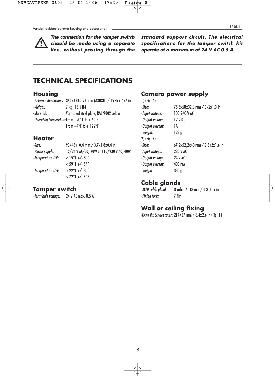 Technical specifications | Videotec AVTPSK User Manual | Page 8 / 20