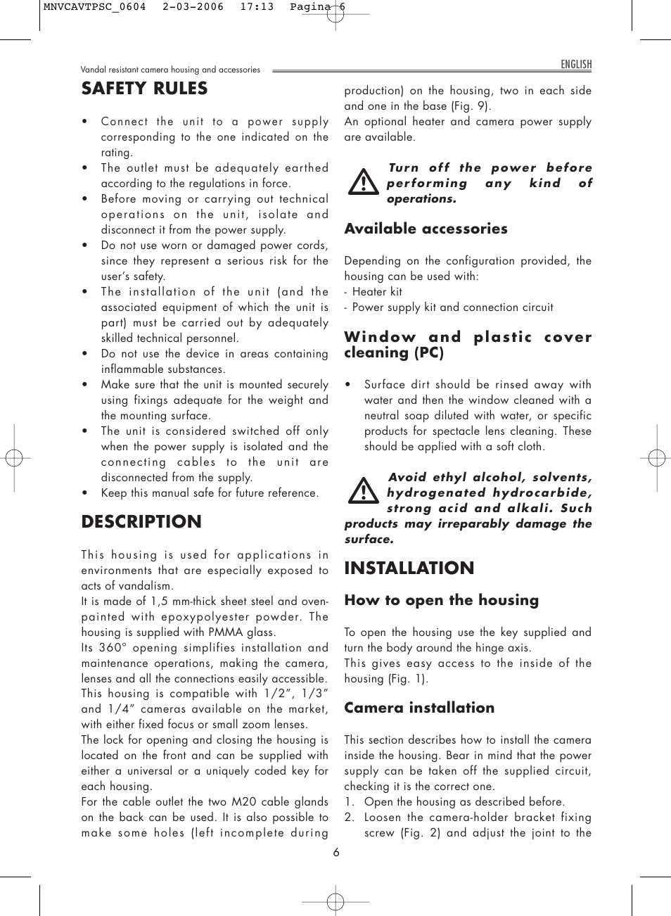 Safety rules, Description, Installation | Videotec AVTPSC User Manual | Page 6 / 20
