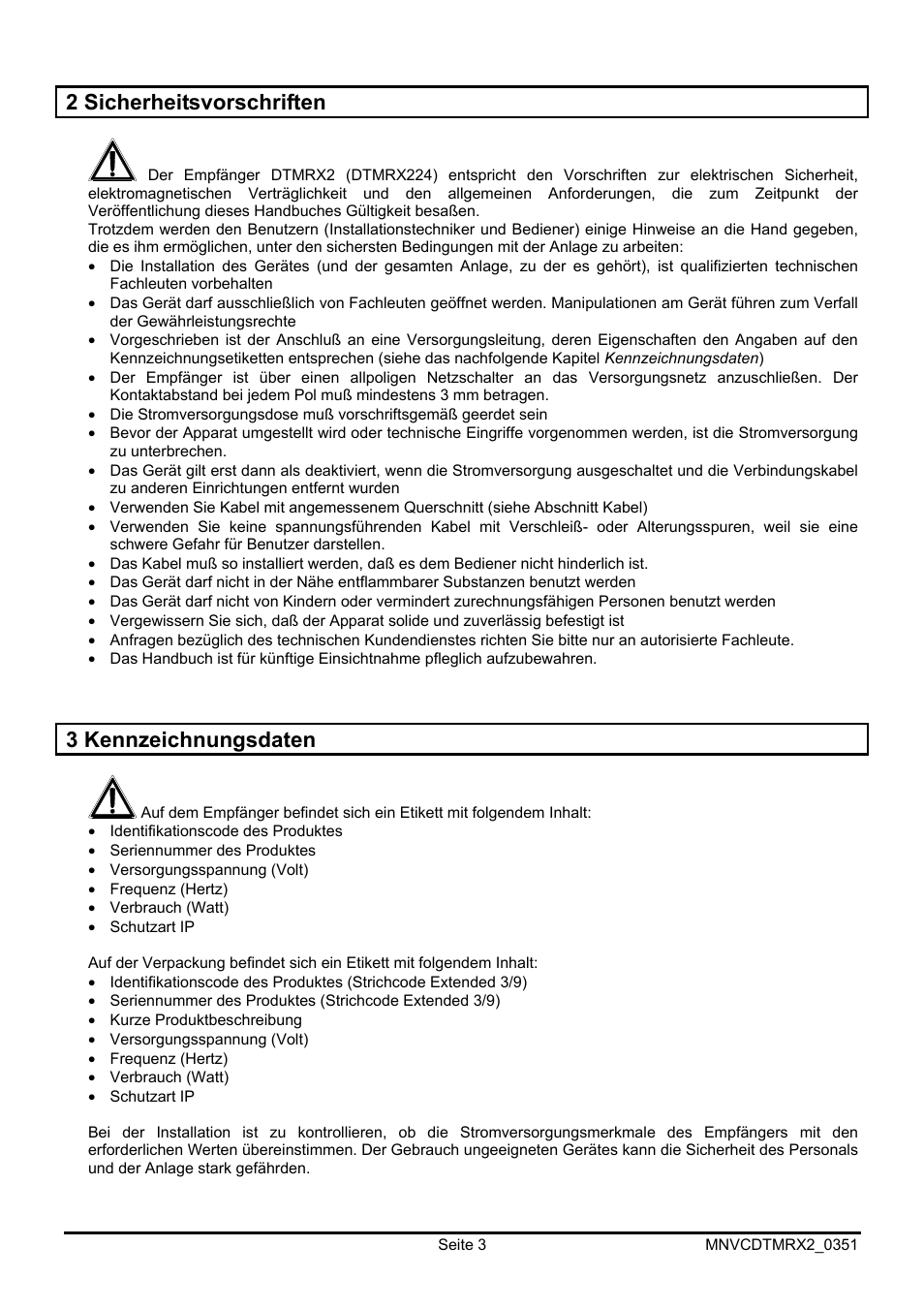 2 sicherheitsvorschriften, 3 kennzeichnungsdaten | Videotec DTMRX2 User Manual | Page 73 / 96