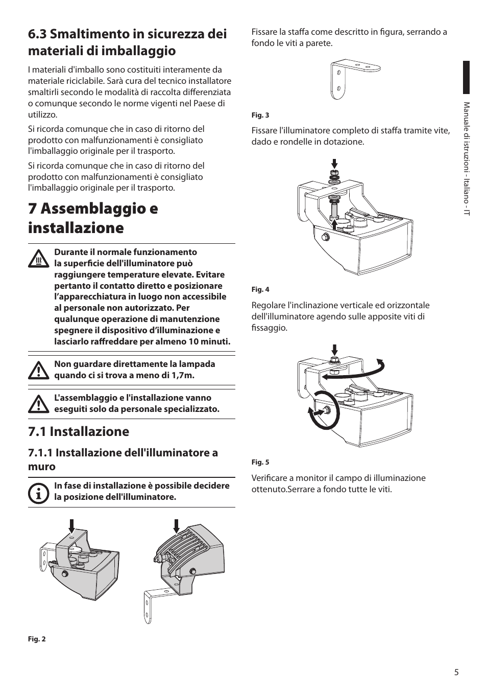 7 assemblaggio e installazione, 1 installazione, 1 installazione dell'illuminatore a muro | Videotec GEKO IRH User Manual | Page 17 / 44