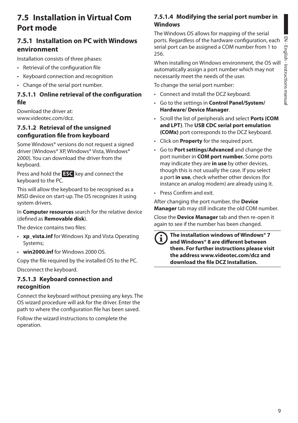 5 installation in virtual com port mode, 1 installation on pc with windows environment, 1 online retrieval of the configuration file | 3 keyboard connection and recognition, 4 modifying the serial port number in windows | Videotec DCZ User Manual | Page 11 / 92