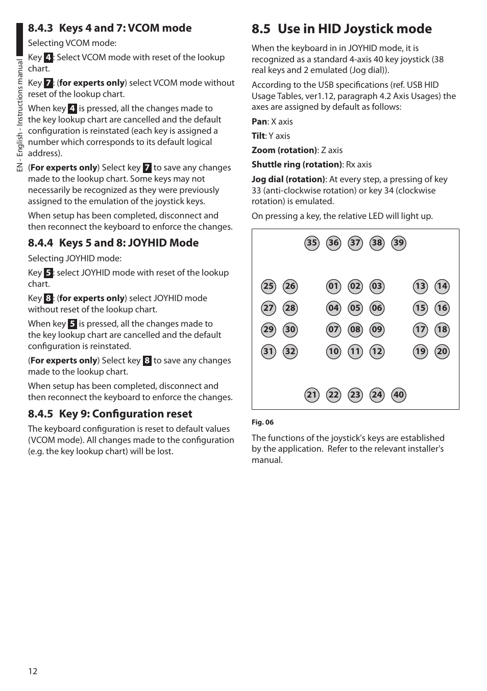 3 keys 4 and 7: vcom mode, 4 keys 5 and 8: joyhid mode, 5 key 9: configuration reset | 5 use in hid joystick mode | Videotec DCZ User Manual | Page 14 / 92
