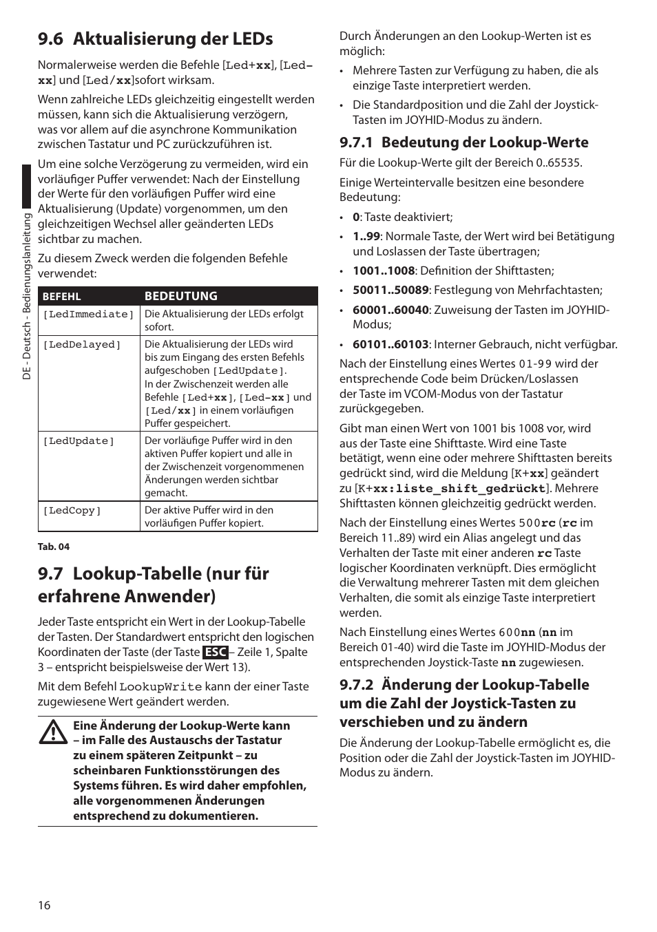 6 aktualisierung der leds, 7 lookup-tabelle (nur für erfahrene anwender), 1 bedeutung der lookup-werte | 6 aktualisierung der leds", seite 16 ) | Videotec DCZ User Manual | Page 84 / 92
