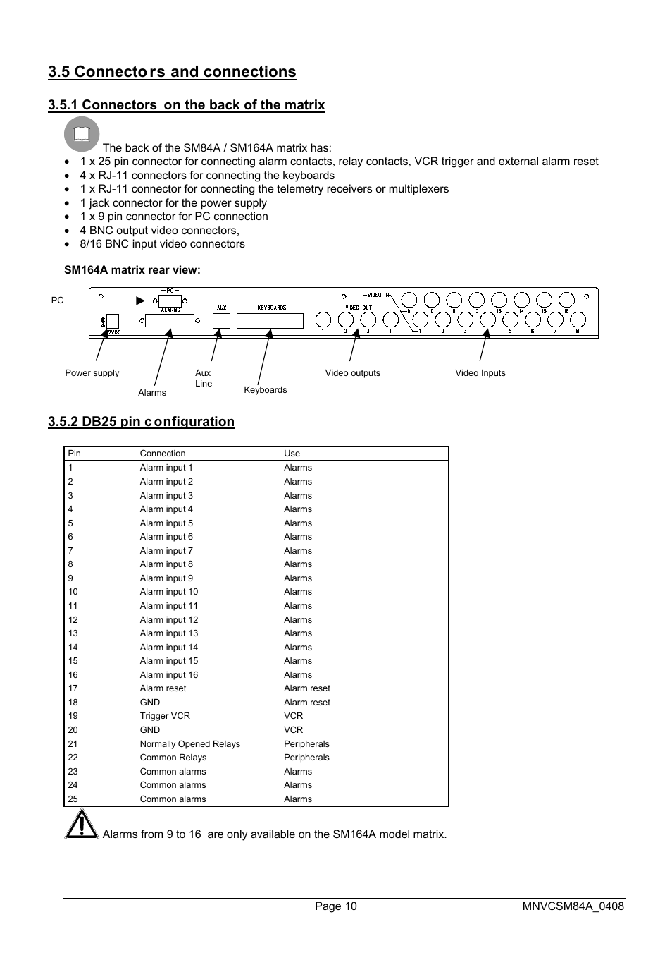 5 connecto rs and connections, 1 connectors on the back of the matrix, 2 db25 pin c onfiguration | Videotec SM164B User Manual | Page 50 / 150