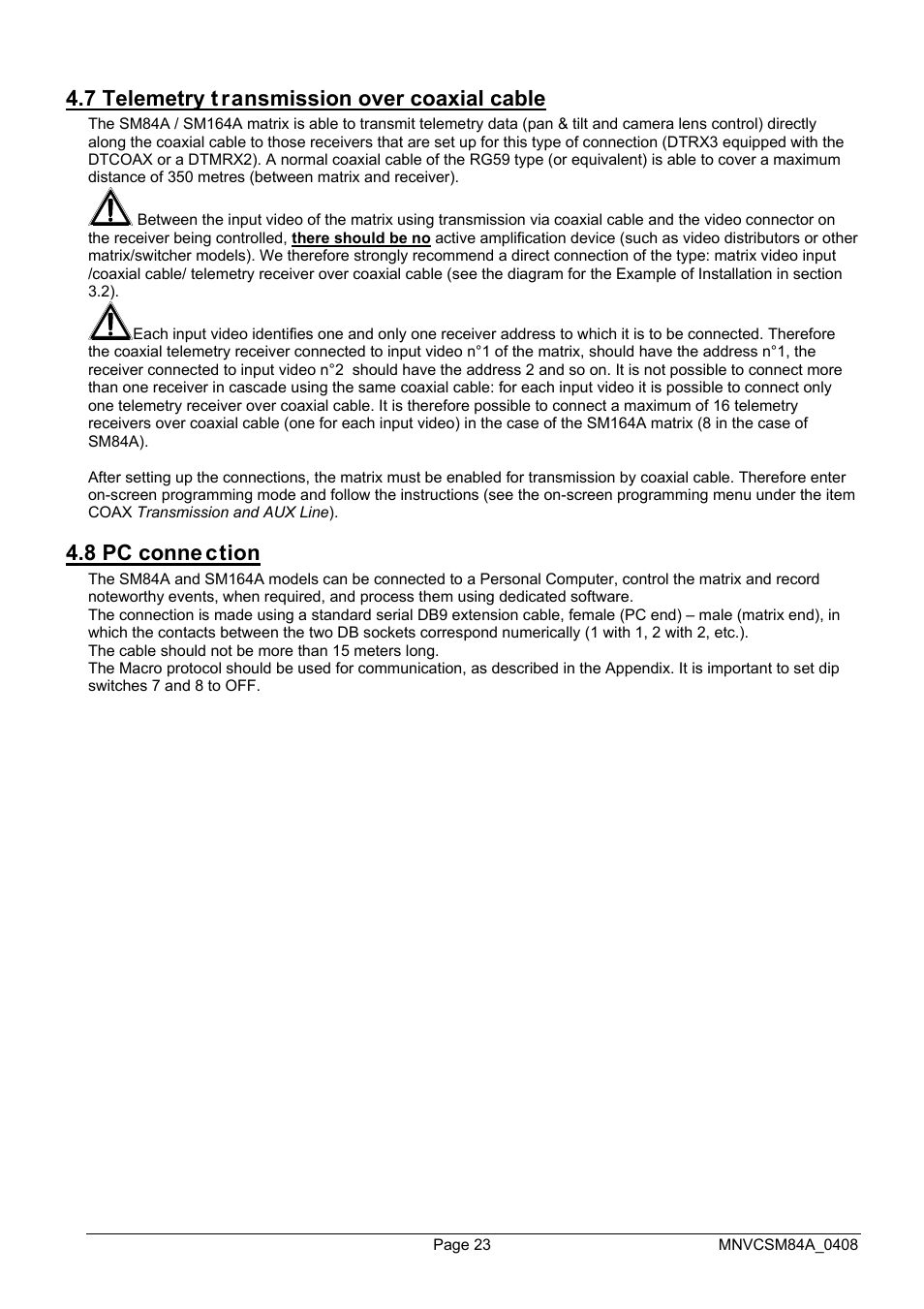 7 telemetry t ransmission over coaxial cable, 8 pc conne ction | Videotec SM164B User Manual | Page 63 / 150