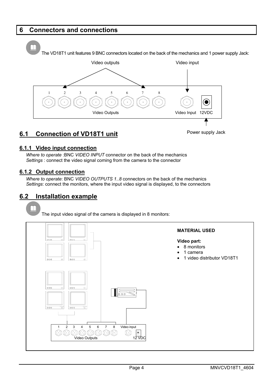 6 connectors and connections, 1 connection of vd18t1 unit, 2 installation example | Videotec VD18T1 User Manual | Page 16 / 36