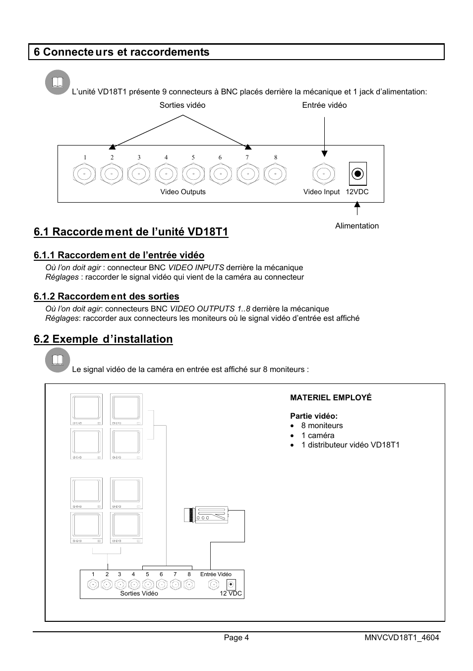 6 connecte urs et raccordements, 1 raccorde ment de l’unité vd18t1, 2 exemple d’installation | Videotec VD18T1 User Manual | Page 24 / 36