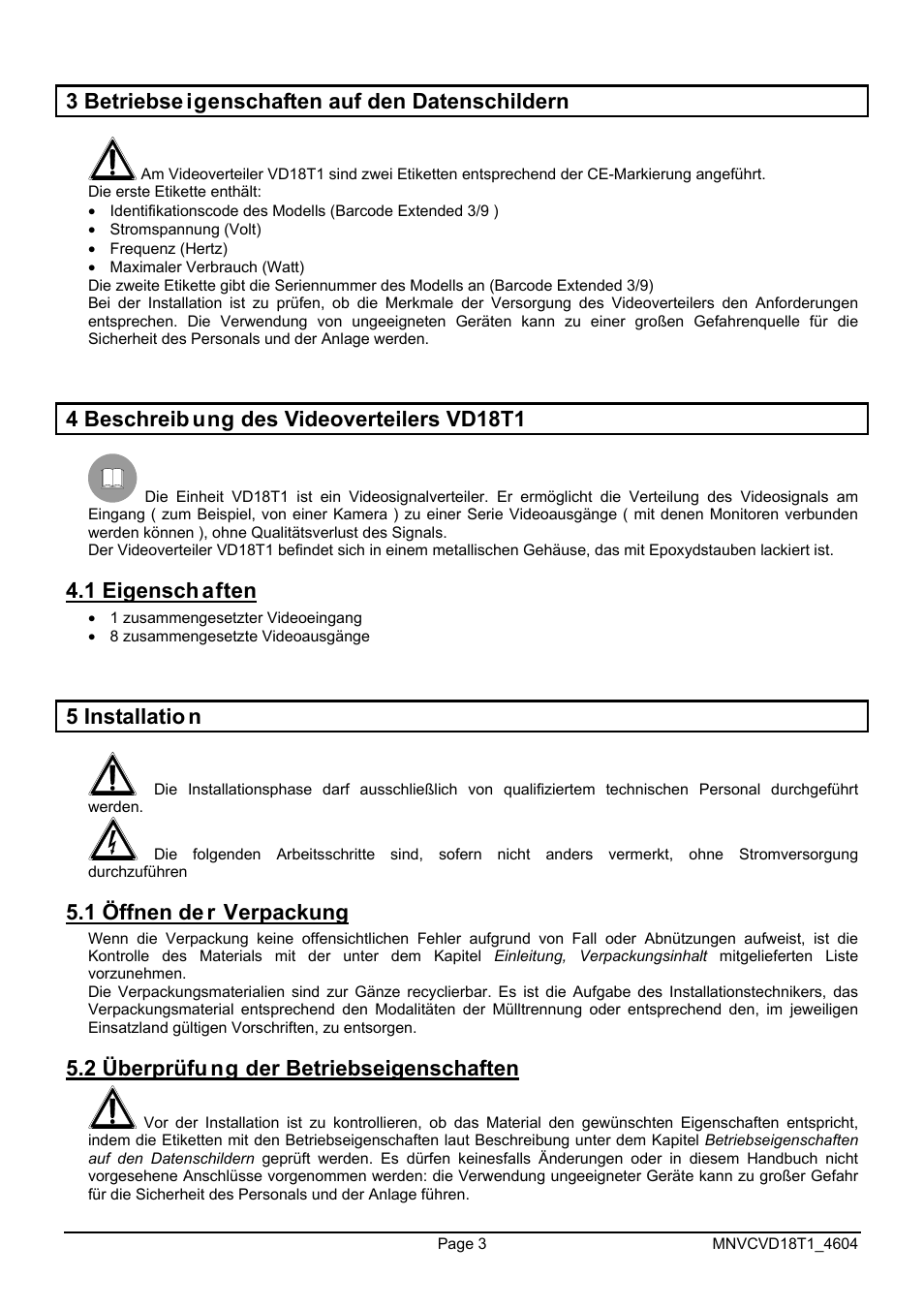 3 betriebse igenschaften auf den datenschildern, 4 beschreib ung des videoverteilers vd18t1, 1 eigensch aften | 5 installatio n, 1 öffnen de r verpackung, 2 überprüfu ng der betriebseigenschaften | Videotec VD18T1 User Manual | Page 31 / 36