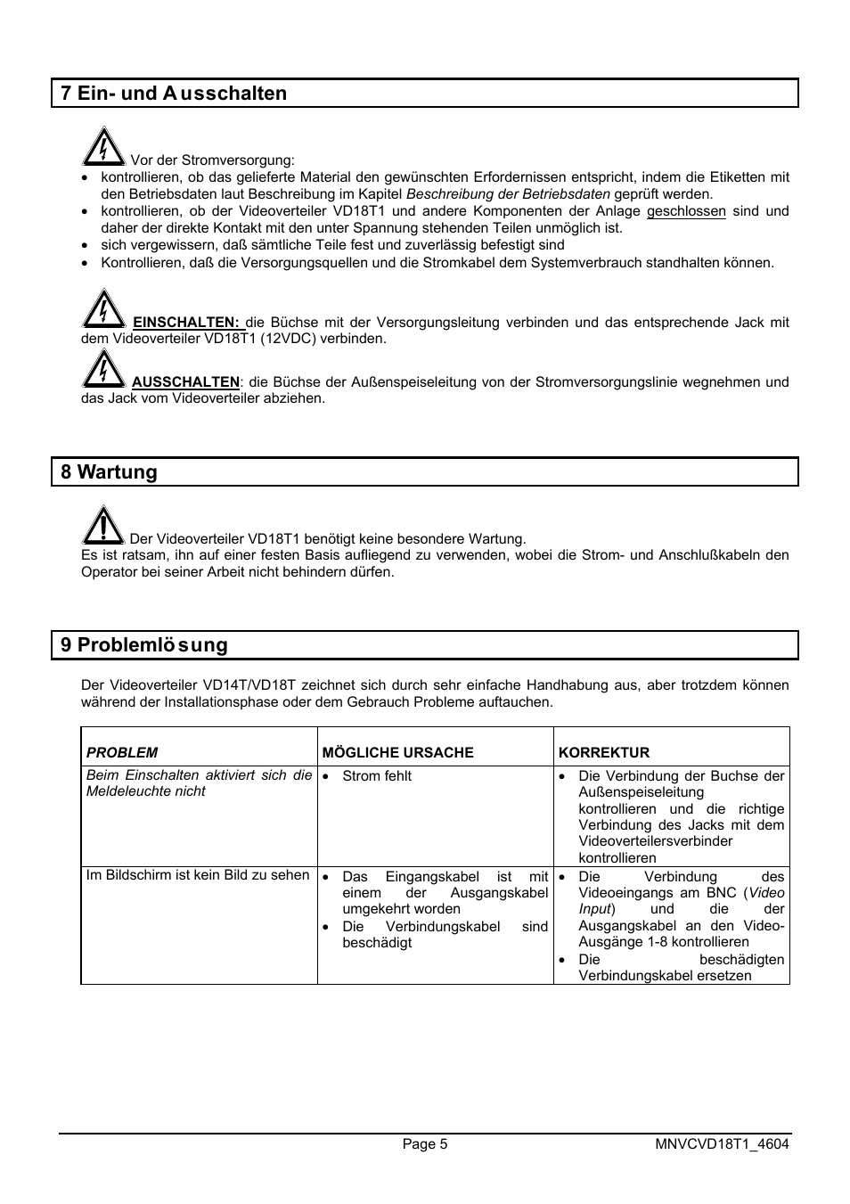 7 ein- und a usschalten, 8 wartung, 9 problemlö sung | Videotec VD18T1 User Manual | Page 33 / 36