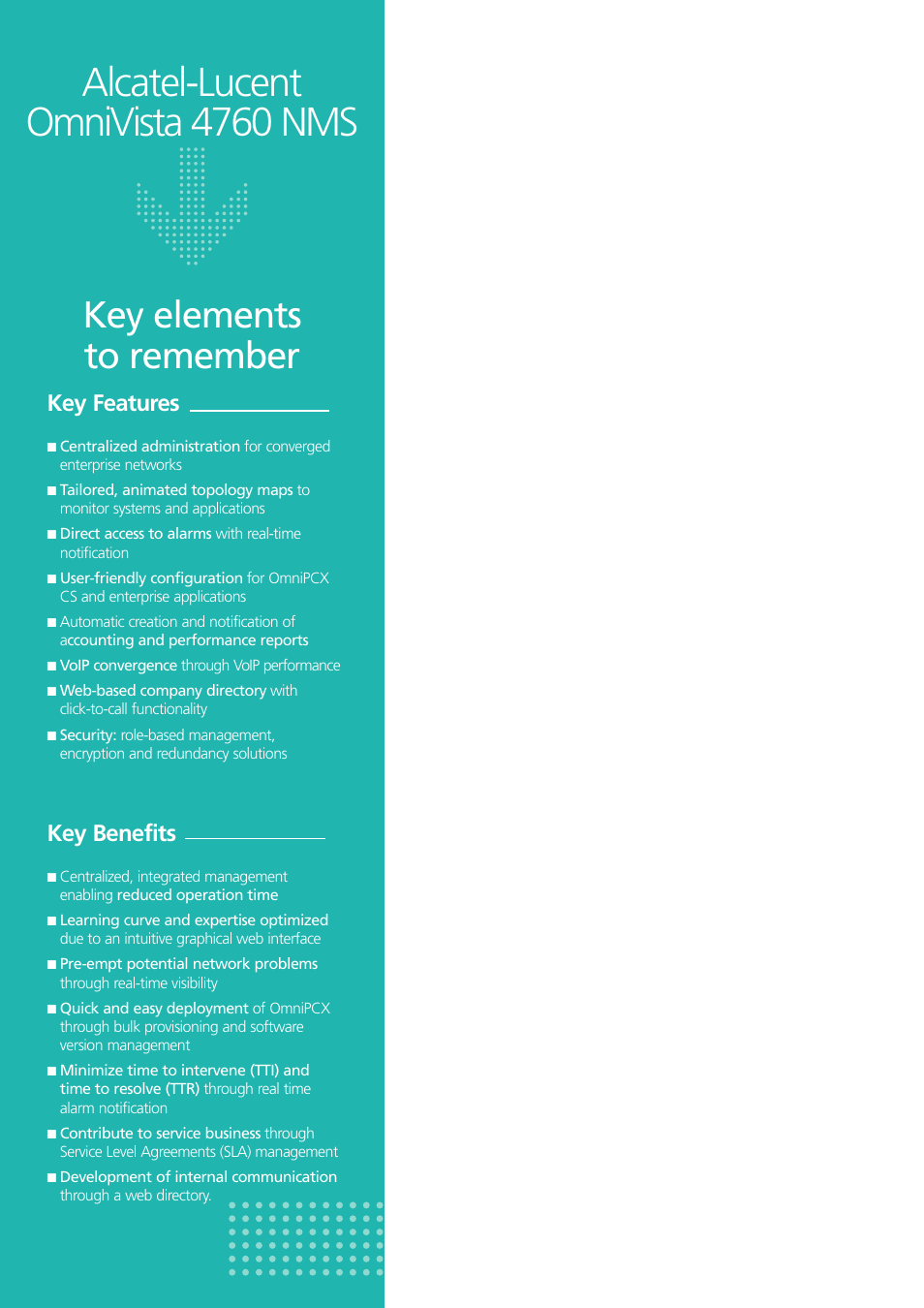 Alcatel-lucent omnivista 4760 nms, Key elements to remember, Key features | Key benefits | Alcatel-Lucent OmniVista 4760 User Manual | Page 5 / 11