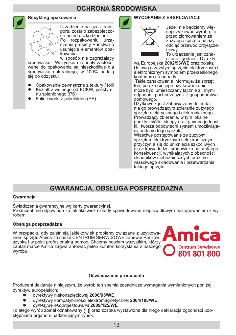 Ochrona środowiska, Gwarancja, obsługa posprzedażna | AMICA KH 17212 E DE User Manual | Page 13 / 42