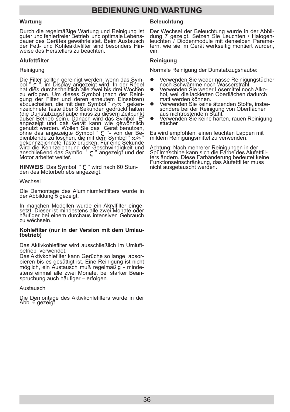 Bedienung und wartung | AMICA KH 17212 E DE User Manual | Page 36 / 42