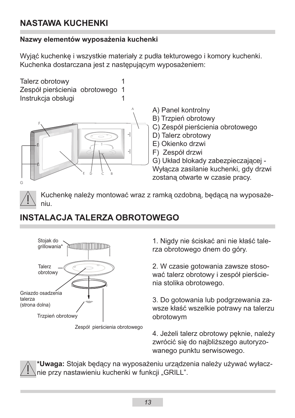 Nastawa kuchenki, Instalacja talerza obrotowego | AMICA EMW 13180 E DE User Manual | Page 13 / 116